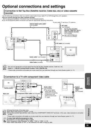 Page 3535
RQT9129
Optional connections and settings
Use the following connections when you want to output audio of your cable TV or VCR through this unit’s speakers.
≥Do not connect through the video cassette recorder.
Due to copy guard protection, the picture may not be displayed properly.
≥Turn off all equipment before connection and read the appropriate operating instructions.
Connection to Set Top Box (Satellite receiver, Cable box, etc) or video cassette 
recorder
This unit can decode the surround signal...