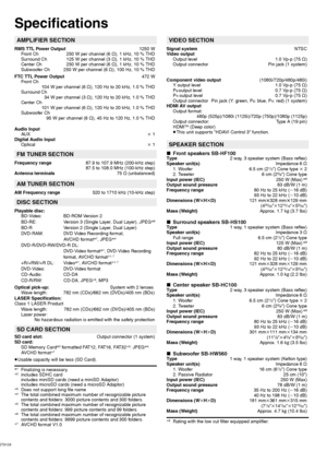 Page 4444
RQT9129
Specifications
RMS TTL Power Output1250 W 
Front Ch  250 W per channel (6≠), 1 kHz, 10 % THD
Surround Ch  125 W per channel (3≠), 1 kHz, 10 % THD
Center Ch  250 W per channel (6≠), 1 kHz, 10 % THD
Subwoofer Ch  250 W per channel (6≠), 100 Hz, 10 % THD
FTC TTL Power Output472 W
Front Ch
104 W per channel (6≠), 120 Hz to 20 kHz, 1.0 % THD
Surround Ch
34 W per channel (3≠), 120 Hz to 20 kHz, 1.0 % THD
Center Ch
101 W per channel (6≠), 120 Hz to 20 kHz, 1.0 % THD
Subwoofer Ch
95 W per channel...