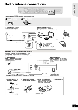 Page 1313
RQT9508
Radio antenna connections
≥Keep loose antenna cables away from other wires and cables.
Use outdoor antenna if FM/AM radio reception is poor.
≥ Disconnect the antenna when the unit is not in use.
≥ Do not use the outdoor antenna during an electrical storm.
OPTICAL
2(STB) 1(TV)
L
R
DIGITAL INCOMPONENT
VIDEO OUTVIDEO  OUT
Y
AUX(TV)
P
R
PB
SPEAKERS
+-
FM ANT ANTEXTLOOPAM
75ΩAV OUTR
LCENTER3Ω3ΩWOOFERFRONT652
1GND
ANT
LOOPR
L3ΩSURROUND4
3R L3ΩSURROUND BACK8
7AC INTRANSMITTERDIGITAL
)
(3ΩSUB-...