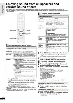 Page 1818
RQT9508
Enjoying sound from all speakers and 
various sound effects
≥The following sound effects/modes may not be available or have no effect with some sources, or when headphones are used ( >19).
≥ You may experience a reduction in sound quality when these sound effects/modes are used with some sources. If this occurs, turn  the sound 
effects/modes off.
Press [SURROUND] several times to select the effect.≥ You can also press [SURROUND] and then [ 3,4] to select the 
mode.
≥ The selected effect will...