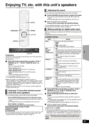 Page 2727
RQT9508
Enjoying TV, etc. with this unit’s speakers
You can enjoy TV broadcasts with this unit’s speakers.
PreparationConfirm the audio connection to the OPTICAL IN or AUX terminal on 
the main unit. (>10 to 12)
Turn on the TV.
1 Press [EXT-IN] several times to select “D-IN 1” 
(DIGITAL IN 1)*1, “D-IN 2” (DIGITAL IN 2)*2 or 
“AUX”*1.Main unit: Press [SELECTOR].
≥ D-IN 1 (DIGITAL IN 1) *
1:
When connecting using OPTICAL 1(TV) terminal.
≥ D-IN 2 (DIGITAL IN 2) *
2:
When connecting using OPTICAL 2(STB)...