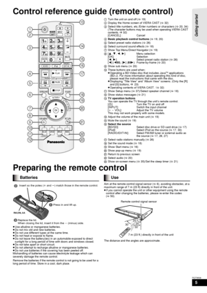 Page 55
RQT9508
Control reference guide (remote control)
1Turn the unit on and off ( >19)
2 Display the Home screen of VIERA CAST ( >32)
3 Select title numbers, etc./Enter numbers or characters ( >20, 34)
(The character buttons may be used when operating VIERA CAST 
contents.  B 32)
[CANCEL] :  Cancel
4 Basic playback control buttons  (> 19, 20)
5 Select preset radio stations  (> 26)
6 Select surround sound effects ( >18)
7 Show Top Menu/Direct Navigator ( >19)
8 [3 ,4 ,2, 1]: Menu selection
[OK]: Selection
[...