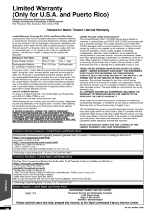 Page 5858
RQT9508
Limited Warranty 
(Only for U.S.A. and Puerto Rico)
Panasonic Consumer Electronics Company,
Division of Panasonic Corporation of North America
One Panasonic Way, Secaucus, New Jersey 07094
Panasonic Home Theater Limited Warranty
Limited Warranty Coverage (For U.S.A. and Puerto Rico Only)
If your product does not work properly because of a defect in materials 
or workmanship, Panasonic Consumer Electronics Company (referred 
to as “the warrantor”) will, for the length of the period indicated on...