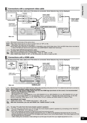 Page 1111
RQT9510
Do not disconnect the video cable even if the below is connected. Some features may not be displayed.
Do not disconnect the video cable even if the below is connected. Some features may not be displayed.
Connections with a component video cable
≥Connect to terminals of the same colour.
≥Set “High Clarity Sound” on the on-screen menu to “Off” (>36).
(Otherwise, the video will not be output.)
≥The video output resolution is restricted to “576p/480p” when DVD-Video discs, DivX and BD-Video discs...