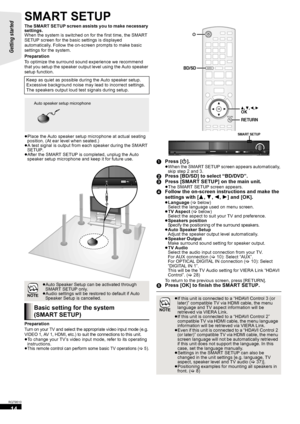 Page 1414
RQT9510
SMART SETUP
The SMART SETUP screen assists you to make necessary 
settings.
When the system is switched on for the first time, the SMART 
SETUP screen for the basic settings is displayed 
automatically. Follow the on-screen prompts to make basic 
settings for the system.
Preparation
To optimize the surround sound experience we recommend 
that you setup the speaker output level using the Auto speaker 
setup function.
≥Place the Auto speaker setup microphone at actual seating 
position. (At ear...