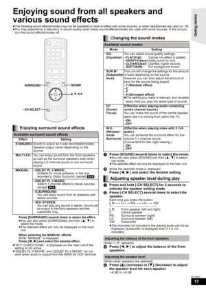 Page 1717
RQT9510
Enjoying sound from all speakers and 
various sound effects
≥The following sound effects/modes may not be available or have no effect with some sources, or when headphones are used (>18).≥You may experience a reduction in sound quality when these sound effects/modes are used with some sources. If this occurs, 
turn the sound effects/modes off.
Press [SURROUND] several times to select the effect.
≥You can also press [SURROUND] and then [3,4] to 
select the mode.
≥The selected effect will only...