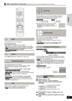 Page 1919
RQT9510
Other operations during play (These functions may not work depending on the media.)
Stop
The stopped position is memorized.
Resume play function
Press [1PLAY] to restart from this position.
≥The position is cleared if the tray is opened or you press 
[∫STOP] several times to display “STOP” on unit’s display.
≥[BD-V]: On BD-Video discs including BD-J (>55), the 
resume play function does not work.
≥[CD] [MP3] [DivX] [MPEG2]: The position is cleared if the unit is 
turned off.
Pause
Press...