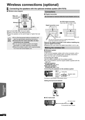 Page 4242
RQT9510
Wireless connections (optional)
∫Wireless setup diagram
LS: Surround (left), RS: Surround (right)
≥Place on the side of the seating position.
≥Place the speakers at the same height or higher than ear 
level.∫Digital transmitter
Remove the digital transmitter cover before installing any 
optional digital transmitter.
≥Replace the cover when the digital transmitter is not in use.
∫Wireless system
Preparation
If the surround speaker cables (with a blue connector, with a 
grey connector) have...