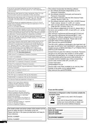 Page 4646
VQT2M13
-If you see this symbol-
Java and all Java-based trademarks and logos are trademarks or 
registered trademarks of Sun Microsystems, Inc. in the United States and 
other countries.
Manufactured under license from Dolby Laboratories. Dolby, Pro Logic, 
and the double-D symbol are trademarks of Dolby Laboratories.
Manufactured under license under U.S. Patent #’s: 5,451,942; 5,956,674; 
5,974,380; 5,978,762; 6,226,616; 6,487,535; 7,392,195; 7,272,567; 
7,333,929; 7,212,872 & other U.S. and...