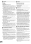 Page 4444
VQT2Q52
No sound.
Low volume.
Distorted sound.
Cannot hear the desired audio type.
≥Check connections to speakers and other equipment. (>12, 
13,15s18)
≥
Ensure the speaker settings for your speakers are correct. (>41)≥To output audio from a device connected with an HDMI cable, 
set “HDMI Audio Output” to “On” in the Setup menu. (
>39)≥When “BD-Video Secondary Audio” is set to “On”, Dolby 
TrueHD, Dolby Digital Plus, DTS-HD Master Audio and 
DTS-HD High Resolution Audio are output as Dolby Digital 
or...