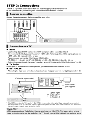 Page 1212VQT3X51
STEP 3: Connections
Turn off all equipment before connection and read the appropriate owner’s manual.Do not connect the AC power supply cord until all other connections are complete.
Connect the speaker cables to the terminals of the same color.
∫HDMI
≥Use the High Speed HDMI cables. Non-HDMI-compliant cables cannot be utilized.
It is recommended that you use Panasonic’s HDM I cable. When outputting 1080p signal, please use 
HDMI cables 5.0 meters (16.4 ft.) or less.
Recommended part number...