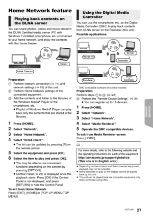 Page 27Advanced 
operations 
27VQT3X51
Home Network feature
You can share photos, videos and music stored in 
the DLNA Certified media server (PC with 
Windows 7 installed, smartphone, etc.) connected 
to your home network, and enjoy the contents 
with this home theater.
Preparation
1 Perform network connection (> 14) and 
network settings ( >15) of this unit.
2 Perform Home Network settings of the 
connected equipment.
3 Add the contents and folder to the libraries of 
the Windows Media
® Player or the...