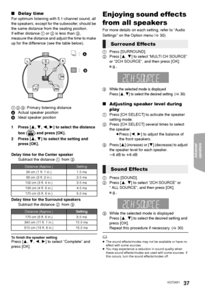 Page 37Advanced 
operations 
37VQT3X51
∫ Delay time
For optimum listening with 5.1-channel sound, all 
the speakers, except for the subwoofer, should be 
the same distance from the seating position.
If either distance 1  or 2  is less than  3, 
measure the distance and adjust the time to make 
up for the difference (see the table below).
1  2  3 : Primary listening distance
A Actual speaker position
B Ideal speaker position
1 Press [ 3,4 ,2, 1] to select the distance 
box ( ) and press [OK].
2 Press [ 3,4 ] to...