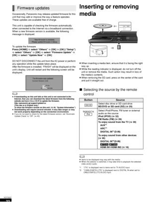 Page 2222
VQT3D27
Occasionally, Panasonic may release updated firmware for this 
unit that may add or improve the way a feature operates. 
These updates are available free of charge.
This unit is capable of checking the firmware automatically 
when connected to the Internet via a broadband connection.
When a new firmware version is available, the following 
message is displayed.
To update the firmware
Press [HOME]  > select “Others”  > [OK]  > [OK] (“Setup”) 
>  select “Others”  > [OK]  > select “Firmware...