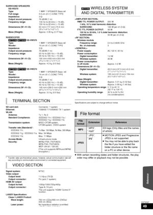 Page 49Reference
49
VQT3D27
* Transfer rates are theoretical values; however, actual communication rate will vary according to communication environment or connected equipment.
Specifications are subject to change without notice.
≥With certain recording states and folder structures, the play 
order may differ or playback may not be possible.
SURROUND SPEAKERS
SB-HS270
Ty p e : 1 WAY 1 SPEAKER Bass-ref.
Full range: 6.5 cm (2
1/2q) CONE TYPE
Impedance: 3≠
Output sound pressure: 78 dB/W (1 m)
Frequency range: 105...