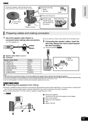 Page 13Getting started 
13
VQT3M06
[BTT370]
1Use of the speaker cable stickers is 
convenient when making cable connections.
e.g. Front speaker (L)
A Speaker cable sticker  (supplied)
B Connector
Be sure to match the number on each sticker with the connector colour.
2Connecting the speaker cables. Insert the 
wire fully, taking care not to insert beyond 
the wire insulation.
e.g. Surround speaker  [BTT270]
	≥Be careful not to cross (short-circuit) or reverse the polarity of the speaker wires as doing so may...