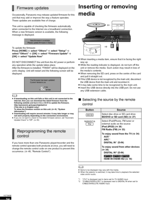 Page 2424
VQT3M06
Occasionally, Panasonic may release updated firmware for this 
unit that may add or improve the way a feature operates. 
These updates are available free of charge.
This unit is capable of checking the firmware automatically 
when connected to the Internet via a broadband connection.
When a new firmware version is available, the following 
message is displayed.
To update the firmware
Press [HOME]  > select “Others”  > select “Setup”  > 
select “Others”  > [OK]  > select “Firmware Update”  >...