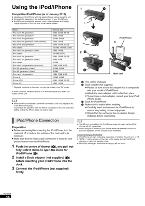 Page 3636
VQT3M06
Other de vic es
Using the iPod/iPhone
Compatible iPod/iPhone (as of January 2011)≥Update your iPod/iPhone with the latest software before using this unit.
≥ Compatibility depends on the software version of your iPod/iPhone.
≥ iPod/iPhone compatibility assures music, video playback and battery 
charge functions of this unit as a home theatre system.
* Playback functions on the main unit may be limited in the “All” mode.
In some locations, reception status of an iPhone may be poor when it is...