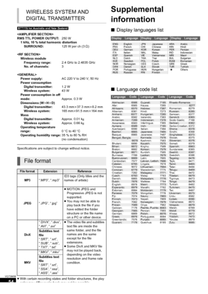 Page 5454
VQT3M06
[BTT775[for[Australia[and[New[Zealand]
Specifications are subject to change without notice.
≥With certain recording states and folder structures, the play 
order may differ or playback may not be possible.
Supplemental 
information
∫ Display languages list
∫ Language code list
WIRELESS SYSTEM AND 
DIGITAL TRANSMITTER

RMS TTL POWER OUTPUT: 250 W
1 kHz, 10 % total harmonic distortion SURROUND: 125 W per ch (3≠)
 Wireless module
Frequency range: 2.4 GHz to 2.4835 GHz
No. of channels: 3
 Power...