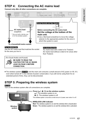 Page 1717
Getting started 
VQT3Z79
STEP 4:  Connecting the AC mains lead
Connect only after all other connections are complete.
[For]the]Middle]East]
Use the AC mains lead that matches the socket 
for the area you live in.[For]South]East]Asia]
AC mains lead with a label is for Thailand.
AC mains lead without a label is for areas other 
than Thailand.
≥ The wireless system ( [BTT790]) and the main unit consume a small amount of AC power ( >50, 51) 
even when turned off. In the interest of power c onservation, if...