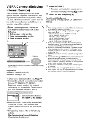 Page 3030VQT3Z79
Advan ced operatio nsVIERA Connect (Enjoying 
Internet Service)
VIERA Connect allows you to access some 
specific websites supported by Panasonic, and 
enjoy Internet contents such as photos, videos, 
etc. from VIERA Connect home screen. This unit 
has no full browser function and all features of 
websites may not be available.
* Images are for illustration purposes, contents may change  without notice.
Preparation
≥Network connection ( >16)
≥ Network setting ( >18)
To enjoy video communication...