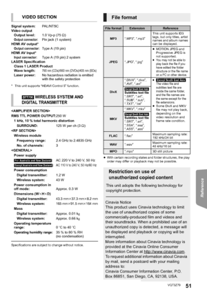 Page 51Reference
51VQT3Z79
* This unit supports “HDAVI Control 5” function.
Specifications are subject to change without notice.≥
With certain recording states and folder structures, the play 
order may differ or playback may not be possible.
VIDEO SECTION
Signal system: PA L / N T S C
Video output Output level: 1.0 Vp-p (75≠)
Output connector:Pin jack (1 system)
HDMI AV output*
Output connector:Type A (19 pin)
HDMI AV Input*
Input connector:Type A (19 pin) 2 system
LASER Specification Class 1  LASER Product...