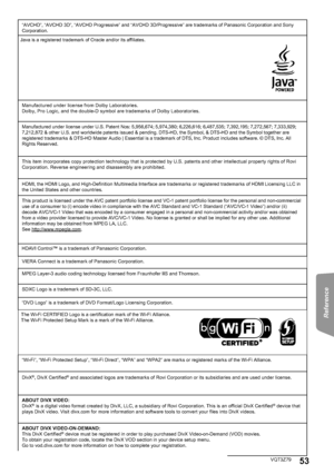 Page 53Reference
53VQT3Z79
“AVCHD”, “AVCHD 3D”, “AVCHD Progressive” and “AVCHD\
 3D/Progressive” are trademarks of Panasonic Corporation and Sony 
Corporation.
Java is a registered trademark of Oracle and/or its affiliates.
Manufactured under license from Dolby Laboratories.
Dolby, Pro Logic, and the double-D symbol are trademarks of Dolby Labora\
tories.
Manufactured under license under U.S. Patent Nos: 5,956,674; 5,974,380; \
6,226,616; 6,487,535; 7,392,195; 7,272,567; 7,333,929; 
7,212,872 & other U.S. and...