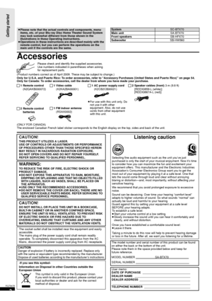 Page 22
RQT9479
Getting started 
Accessories
Please check and identify the supplied accessories. 
Use numbers indicated in parentheses when asking 
for replacement parts.
(Product numbers correct as of April 2009. These may be subject to change.)
Only for U.S.A. and Puerto Rico: To order accessories, refer to “Accessory Purchases (United States and Puerto Rico)” on page 5 4.
Only for Canada: To order accessories, call the dealer from whom you have made your purchase.
≥ Please note that the actual controls and...