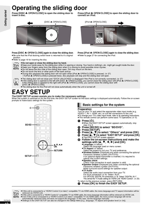 Page 1212
RQT9479
Operating the sliding door
Press [DISC  below)
Select the aspect to suit your TV and preference.
≥ Wireless System  (Displayed only when c onnecting the optional 
Panasonic wireless system 
(SH-FX70))
If an optional digital transmitter is  inserted, it is required to 
specify the current settings.
≥ Speaker check
Check if the connection to each speaker is valid.
≥ Speaker Output  (Displayed only when connecting the optional 
Panasonic wireless system 
(SH-FX70))
Make surround sound settings...