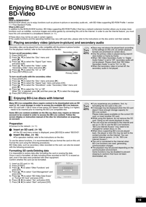 Page 1919
RQT9479
Enjoying BD-LIVE or BONUSVIEW in 
BD-Video
[BD-V]What is BONUSVIEW?
BONUSVIEW allows you to enjoy functions such as picture-in-picture or secondary audio etc., with BD-Video supporting BD-ROM Pro file 1 version 
1.1/ Final Standard Profile.
What is BD-Live?
In addition to the BONUSVIEW function, BD-Video supporting BD-ROM Profile 2 that has a network extension function allows you to  enjoy more 
functions such as subtitles, exclusive images and online games by connecting this unit to the...