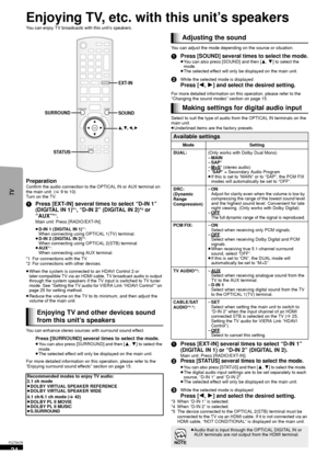 Page 2424
RQT9479
Enjoying TV, etc. with this unit’s speakers
You can enjoy TV broadcasts with this unit’s speakers.
PreparationConfirm the audio connection to the OPTICAL IN or AUX terminal on 
the main unit. (>9 to 10)
Turn on the TV.
1 Press [EXT-IN] several times to select “D-IN 1” 
(DIGITAL IN 1)*1, “D-IN 2” (DIGITAL IN 2)*2 or 
“AUX”*1.Main unit: Press [RADIO/EXT-IN].
≥ D-IN 1 (DIGITAL IN 1) *
1:
When connecting using OPTICAL 1(TV) terminal.
≥ D-IN 2 (DIGITAL IN 2) *
2:
When connecting using OPTICAL...