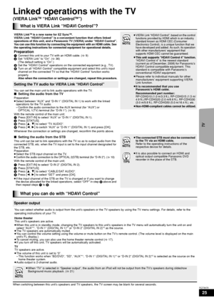 Page 2525
RQT9479
Linked operations with the TV
(VIERA LinkTM “HDAVI ControlTM”)
When switching between this unit’s speakers and TV speakers, the TV screen may be blank for several seconds.
What is VIERA Link “HDAVI Control”?
VIERA LinkTM is a new name for EZ SyncTM.
VIERA Link “HDAVI Control” is a convenient function that offers linked 
operations of this unit, and a Panasonic TV (VIERA) under “HDAVI Control”.
You can use this function by connecting the equipment with an HDMI cable. See 
the operating...