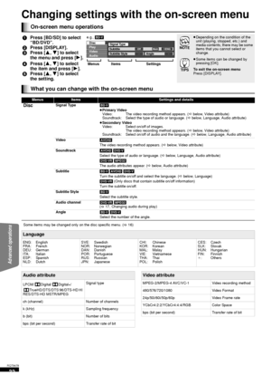 Page 3232
RQT9479
Changing settings with the on-screen menu
On-screen menu operations
1Press [BD/SD] to select 
“BD/DVD”.
2 Press [DISPLAY].
3 Press [ 3,4] to select 
the menu and press [ 1].
4 Press [ 3,4] to select 
the item and press [ 1].
5 Press [ 3,4] to select 
the setting.≥ Depending on the condition of the 
unit (playing, stopped, etc.) and 
media contents, there may be some 
items that you cannot select or 
change.
≥Some items can be changed by 
pressing [OK].
To exit the on-screen menu
Press...