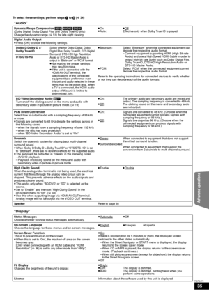 Page 3535
RQT9479
To select these settings, perform steps 1 to 5 (> 34)
“Audio”
Dynamic Range Compression [BD-V] [AVCHD] [DVD-V]
(Dolby Digital, Dolby Digital Plus and Dolby TrueHD only)
Change the dynamic range ( >51) for late night viewing. ≥
On ≥Off≥ Auto: Effective only when Dolby TrueHD is played.
Digital Audio Output
≥ Press [OK] to show the following settings.
Dolby D/Dolby D +/
Dolby TrueHD
Select whether Dolby Digital, Dolby 
Digital Plus, Dolby TrueHD, DTS Digital 
Surround, DTS-HD High Resolution...