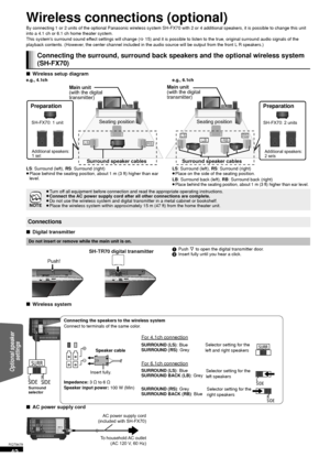 Page 4242
RQT9479
Wireless connections (optional)
By connecting 1 or 2 units of the optional Panasonic wireless system SH-FX70 with 2 or 4 additional speakers, it is possible to change this unit 
into a 4.1 ch or 6.1 ch home theater system.
This systems surround sound effect settings will change ( >15) and it is possible to listen to the tr ue, original surround audio signals of the 
playback contents. (However, the center channel included in the audio source will be output from the front L R speakers.)
∫...