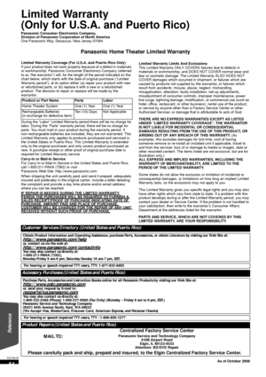 Page 5454
RQT9479
Limited Warranty 
(Only for U.S.A. and Puerto Rico)
Panasonic Consumer Electronics Company,
Division of Panasonic Corporation of North America
One Panasonic Way, Secaucus, New Jersey 07094
Panasonic Home Theater Limited Warranty
Limited Warranty Coverage (For U.S.A. and Puerto Rico Only)
If your product does not  work properly because of a defect in materials 
or workmanship, Panasonic Consum er Electronics Company (referred 
to as “the warrantor”) will, for the length of the period indicated...