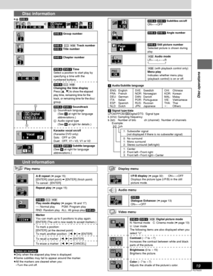 Page 1919
RQT6220
Disc operations
e.g. [DVD-V]
Disc information
.1: Subwoofer signal(not displayed if there is no subwoofer signal)
.0: No surround
.1: Mono surround
.2: Stereo surround (left/right)
.1: Center
.2: Front leftiFront right
.3: Front leftiFront rightiCenter
[B] [B][B] [B]
[B]Signal type/data
LPCM/PPCM/ÎDigital/DTS: Signal type
k (kHz): Sampling frequency
b (bit): Number of bits ch (channel): Number of channels
  Example:
3/2 .1ch [A] [A][A] [A]
[A]Audio/Subtitle language
ENG: English
FRA: French...