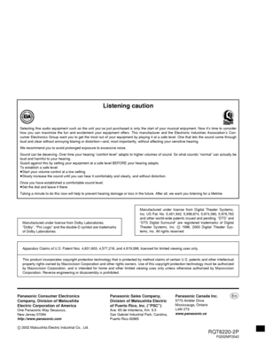 Page 36Manufactured under license from Dolby Laboratories.
“Dolby”, “Pro Logic” and the double-D symbol are trademarks
of Dolby Laboratories.
Apparatus Claims of U.S. Patent Nos. 4,631,603, 4,577,216, and 4,819,098, licensed for limited viewing uses only.
This product incorporates copyright protection technology that is protected by method claims of certain U.S. patents and other intellectual
property rights owned by Macrovision Corporation and other rights owners. Use of this copyright protection technology...