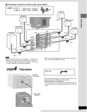 Page 7Simple setup
7
RQT6220
VIDEO
IN
VIDEO
OUT
+
-
5C
E
N
TER
3
SURROUNDLch
1
FRONT
Lch
6
SUB
WOOFER
4
SURROUNDRch
2
FRONT
Rch
FRONT
L
R
L
R SUR-
ROUND
CENTER
SUB-
WOOFER
Note
≥Never short-circuit positive (i) and negative (j) speaker wires.
≥Be sure to connect only positive (copper) wires to positive (i)
terminals and negative (silver) wires to negative (j) terminals.
Incorrect connection can damage the speakers.
≥You can connect through the S-VIDEO OUT terminal if your
television has an S-VIDEO terminal (➡...