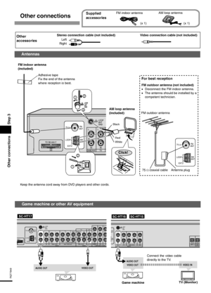 Page 1212
RQT7949
Other connections Step 3
DVR / VCR TV DVD / DVD 6CHTV
OUT IN IN  L L L L L L
 R  R R  R  R R
FRONTSURROUNDSUBWOOFERDVR / VCRDV D
OUT IN IN IN
CENTERMONITOR OUTININ
AUDIO VIDEO
TO SB-WA17
A
FM 
ANT
AM 
ANT 75 Ω 
LOOP
EXT
LOOP 
ANT
GND
GAME/AUXGAME/AUXOUT INTV MONITORDV R
COMPONENT VIDE
B
 PR PR PR
 PB PB
 Y  Y  Y
 P
FM 
ANT
AM 
ANT 75 Ω 
LOOP
EXT
LOOP 
ANT
GND
2
3
1
2
1
FM indoor antenna 
(included)
AM loop antenna 
(included) Adhesive tape
Fix the end of the antenna 
where reception is best....