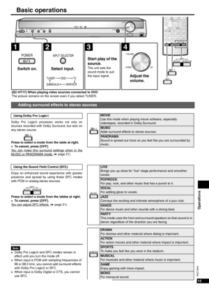 Page 15Operations
15
RQT7949
Basic operations
MOVIE
Use this mode when playing movie software, especially 
videotapes, recorded in Dolby Surround.
MUSIC
Adds surround effects to stereo sources.
PANORAMA
Sound is spread out more so you feel like you are surrounded by 
music.
LIVE
Brings you up close for “live” stage performance and smoother 
vocals.
POP/ROCK
For pop, rock, and other music that has a punch to it. 
VOCAL
For adding gloss to vocals. 
JAZZ
Conveys the exciting and intimate atmosphere of a jazz...