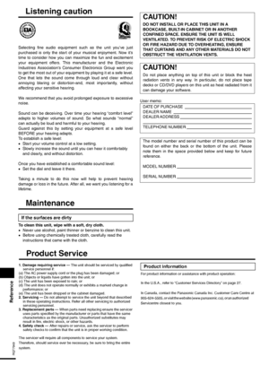 Page 2626
RQT7949
Reference
Listening caution
Selecting fine audio equipment such as the unit you’ve just
purchased is only the start of your musical enjoyment. Now it’s
time to consider how you can maximize the fun and excitement
your equipment offers. This manufacturer and the Electronic
Industries Association’s Consumer Electronics Group want you
to get the most out of your equipment by playing it at a safe level.
One that lets the sound come through loud and clear without
annoying blaring or distortion-and,...