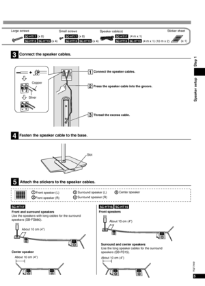 Page 55
RQT7949
Speaker setup Step 1
3
1
2
3
Connect the speaker cables.
Connect the speaker cables.
Press the speaker cable into the groove.
Thread the excess cable. Copper
Silver
4Fasten the speaker cable to the base.
Slot
5xxxxxx
xxx5xxxxxx
xxx4xxxxxx
xxx4xxxxxx
xxx3xxxxxx
xxx3xxxxxx
xxx2xxxxxx
xxx2xxxxxx
xxx1xxxxxx
xxx1xxxxxx
xxx5xxxxxx
xxx5xxxxxx
xxx4xxxxxx
xxx4xxxxxx
xxx3xxxxxx
xxx3xxxxxx
xxx2xxxxxx
xxx2xxxxxx
xxx1xxxxxx
xxx1xxxxxx
xxx(x 4) (x 8)
(x 4) (x 8)
 (4 m x 1)
 (4 m x 1) (10 m x 2)SC-HT17...