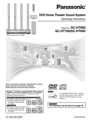 Page 1R
GCP PPC PXRQT6750-4P
DVD Home Theater Sound System
Operating Instructions
Model No. SC-HT900
SC-HT700/SC-HT690
AV SYSTEMTV/VIDEO
DISC
PAGE
GROUPSEQUENTIALREPEATPLAY MODEFL DISPLAYCANCELSKIP
CHTOP MENU
DISPLAY
VOLUME
SUBWOOFERLEVELSLEEP
C.S.MZOOM
AUDIOAV AFFECTP.MEMORYS.POSITIONSFCC.FOCUS
S.SRNDMIX 2CH
    PL
TESTCH SELECTDR COMPQUICK REPLAYDELAY TIME
SUBTITLERETURN
TV VOL sTV VOL rDIRECT
NAVIGATORPLAY LISTMENUSLOW/SEARCH123
456
78
09TUNER/BAND DVD/CDTV VCR
ENTERSETUP
MUTING DIGITAL
AUX
S10/ENTER
SHIFT...