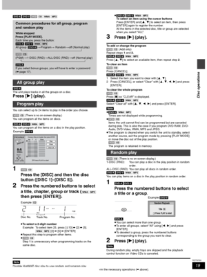 Page 1919
RQT6750
Disc operations
[DVD-A] [DVD-V] [VCD] [CD] [WMA] [MP3]
[DVD-A]
The unit plays tracks in all the groups on a disc.
Press [1] (play).
You can select up to 24 items to play in the order you choose.
[VCD] [CD] (There is no on-screen display.)
You can program all the items on discs.
[DVD-A] [DVD-V] [WMA] [MP3]
You can program all the items on a disc in the play position.
1[VCD] [CD]
Press the [DISC] and then the disc 
button ([DISC 1]–[DISC 5]).
2Press the numbered buttons to select 
a title,...