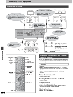 Page 3232
RQT6750
Other functions
Operating other equipment
You can use the remote control to operate a Panasonic television or 
a video cassette recorder. (Some models cannot be operated by this 
remote control.)
Preparation
≥Face the remote control at this unit and press [TV]. The button 
lights and “TV” appears on the unit’s display. You can operate the 
television.
≥Face the remote control at the television for the following 
operations.
Turning the television on/off
Press [Í AV SYSTEM].
Switching the...