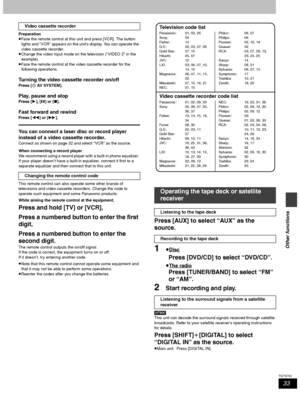 Page 3333
RQT6750
Other functions
Preparation
≥Face the remote control at this unit and press [VCR]. The button 
lights and “VCR” appears on the unit’s display. You can operate the 
video cassette recorder.
≥Change the video input mode on the television (“VIDEO 2” in the 
example).
≥Face the remote control at the video cassette recorder for the 
following operations.
Turning the video cassette recorder on/off
Press [Í AV SYSTEM].
Play, pause and stop
Press [1], [;] or [∫].
Fast forward and rewind
Press [6] or...