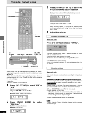 Page 22RQT6183
22
Radio operations
ENTER
VCR TV
TUNER/BANDAUXTV/VIDEOFL DISPLAY
TOP MENU MENU
SKIP
PLAYPAUSE
DISC SKIP CHANNELVOLUME
SFCMUTINGSUBWOOFER
LEVEL
STOP
RETURN DISPLAY
SLOW /SEARCH
DVD/CDMAIN UNIT
DISC
MANAGER
SUPER
SURROUND
TEST
PRO LOGIC
ANGLE AUDIO SUB TITLE ACTION
123
CH SELECT
456
789
0
PLAY MODE
GROUP PAGE MARKER
DISC1 DISC2
DISC4 DISC5DISC3
CANCELCENTER
FOCUSSEAT
POSITION
DISC
TUNER/BAND
POWERVOLUMEDISC 1 2 3 4 5WAKE / I
OPEN /CLOSETUNING DISC SKIP
MEMORYTUNE MODEFM MODESFCSUBWOOFER LEVELDOWN...