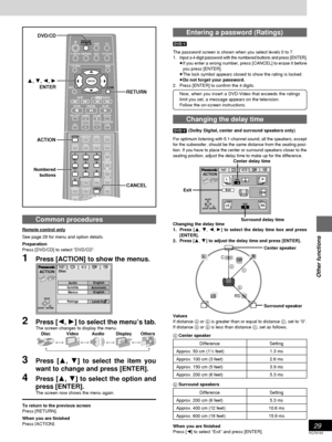 Page 2929
RQT6183
Other functions
Common procedures
Remote control only
See page 28 for menu and option details.
Preparation
Press [DVD/CD] to select “DVD/CD”.
1Press [ACTION] to show the menus.
2Press [2, 1] to select the menu’s tab.The screen changes to display the menu.
Disc Video Audio Display Others
() () () ()
   ^__________------------------------------------------------J
3Press [3, 4] to select the item you
want to change and press [ENTER].
4Press [3, 4] to select the option and
press [ENTER].
The...