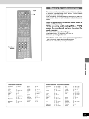 Page 3131
RQT6183
Other functions
Changing the remote control code
This remote control can operate Panasonic and Technics audiovisu-
al equipment that have remote control sensors. You may need to
change the remote control code.
It can also operate some other brands of televisions and video cas-
sette recorders. Check the table for the brand and enter the code as
follows.
Aiming the remote control at the television or video cassette re-
corder, carefully and slowly
While pressing and holding [TV] or [VCR],
press...